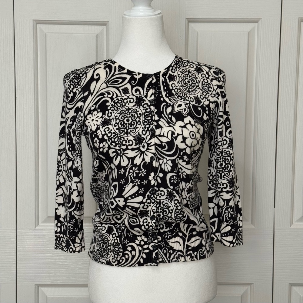 Ann Taylor Petites SP Black White Floral Medallion Cotton Cardigan NWOT